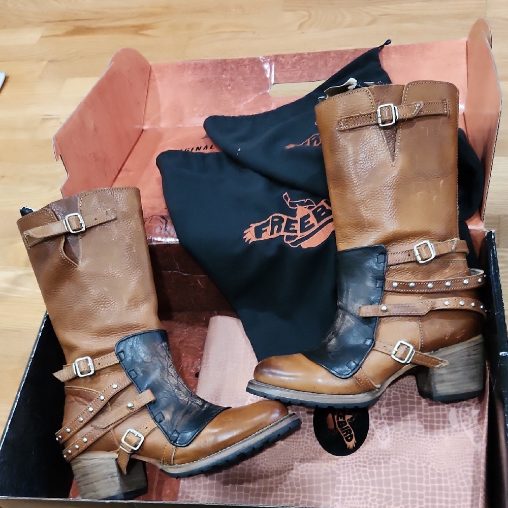 Freebird Tan and Black Leather Boots with Buckles